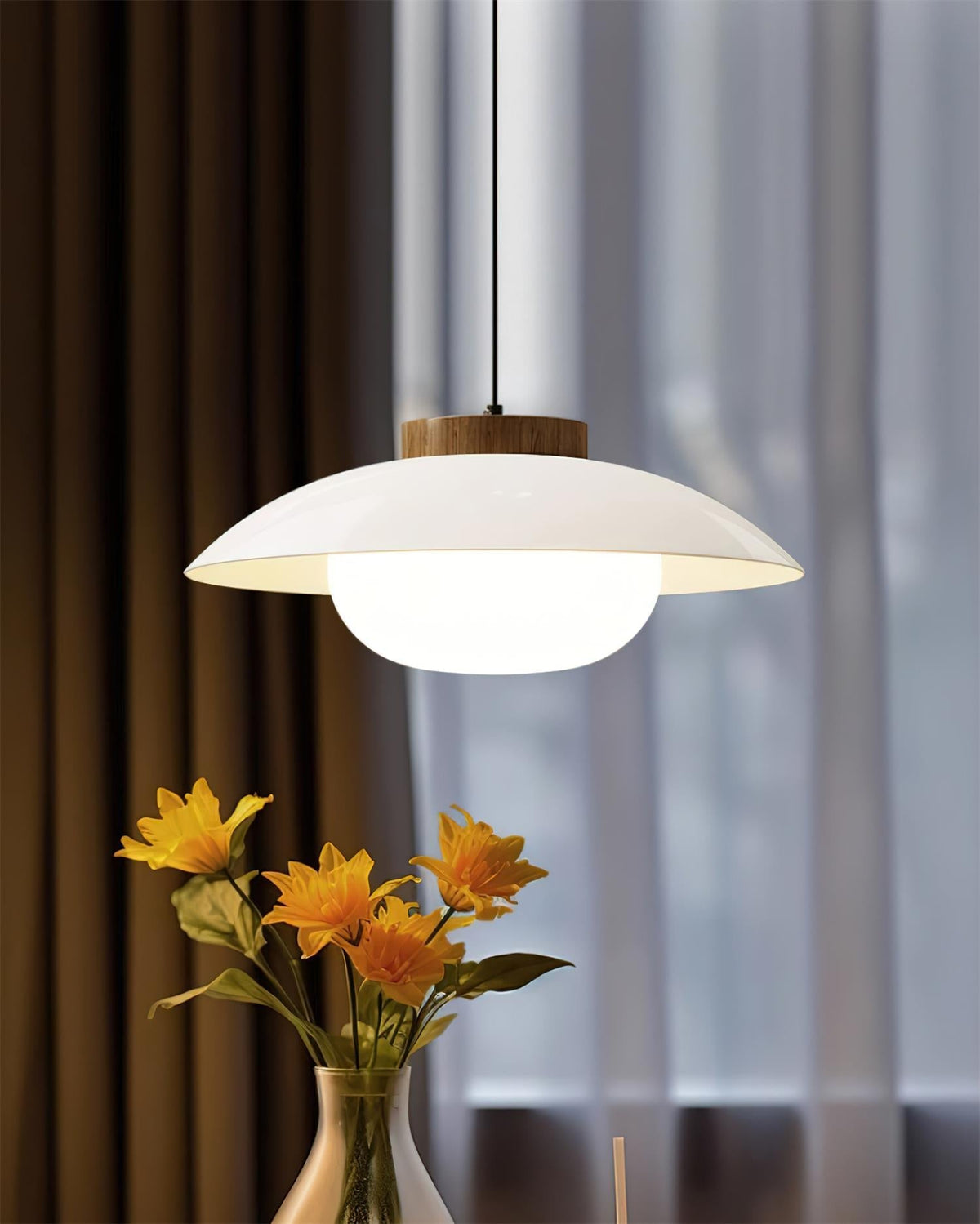 Saucer Shade Ceiling Pendant with Wood Rim for Kitchens & Dining Areas | Modern 11-Inch Hanging Fixture with Built-In LED, Warm 3000K Glow