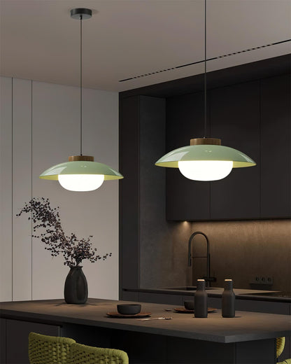 Saucer Shade Ceiling Pendant with Wood Rim for Kitchens & Dining Areas | Modern 11-Inch Hanging Fixture with Built-In LED, Warm 3000K Glow