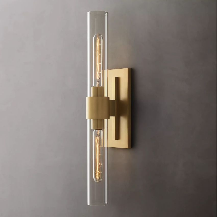 Industrial Glass Cylinder Wall Sconce with Metal Band, Dimmable LED Candle-Style Bulb, Brass & Glass 12-23 in Heights