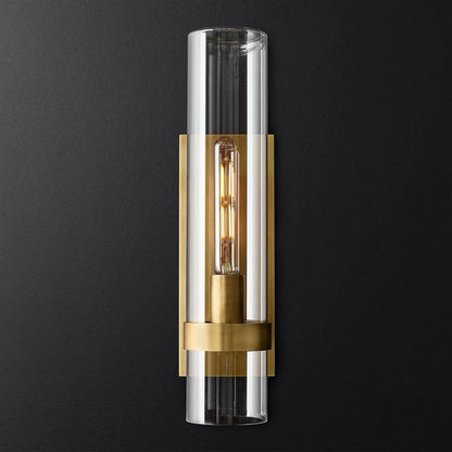 Industrial Glass Cylinder Wall Sconce with Metal Band, Dimmable LED Candle-Style Bulb, Brass & Glass 12-23 in Heights