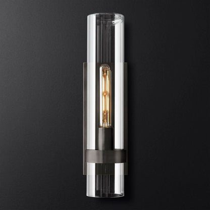 Industrial Glass Cylinder Wall Sconce with Metal Band, Dimmable LED Candle-Style Bulb, Brass & Glass 12-23 in Heights