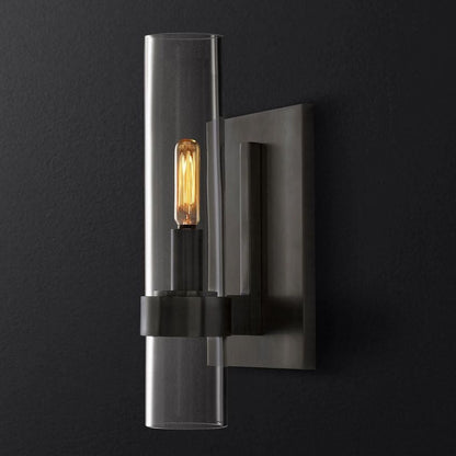 Industrial Glass Cylinder Wall Sconce with Metal Band, Dimmable LED Candle-Style Bulb, Brass & Glass 12-23 in Heights