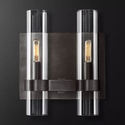 Industrial Glass Cylinder Wall Sconce with Metal Band, Dimmable LED Candle-Style Bulb, Brass & Glass 12-23 in Heights