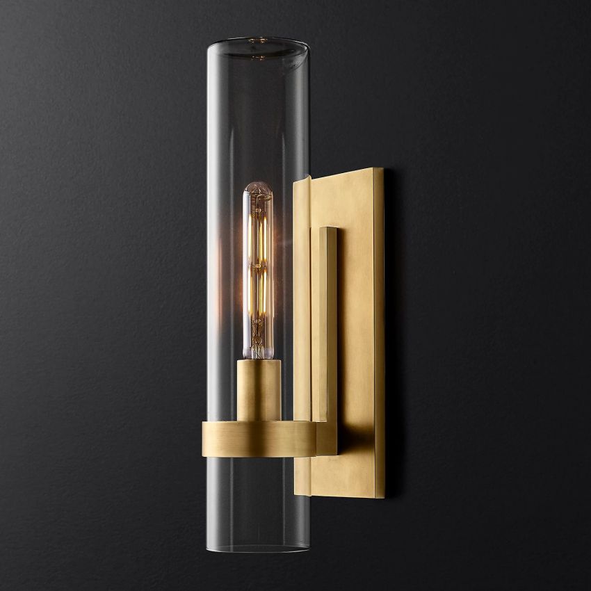 Industrial Glass Cylinder Wall Sconce with Metal Band, Dimmable LED Candle-Style Bulb, Brass & Glass 12-23 in Heights