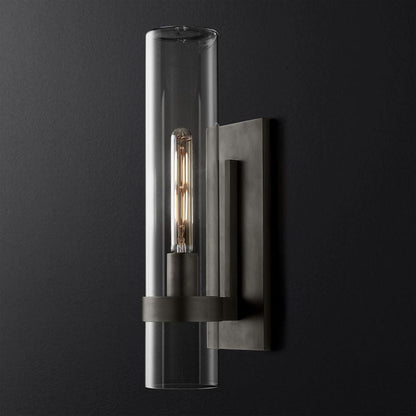 Industrial Glass Cylinder Wall Sconce with Metal Band, Dimmable LED Candle-Style Bulb, Brass & Glass 12-23 in Heights