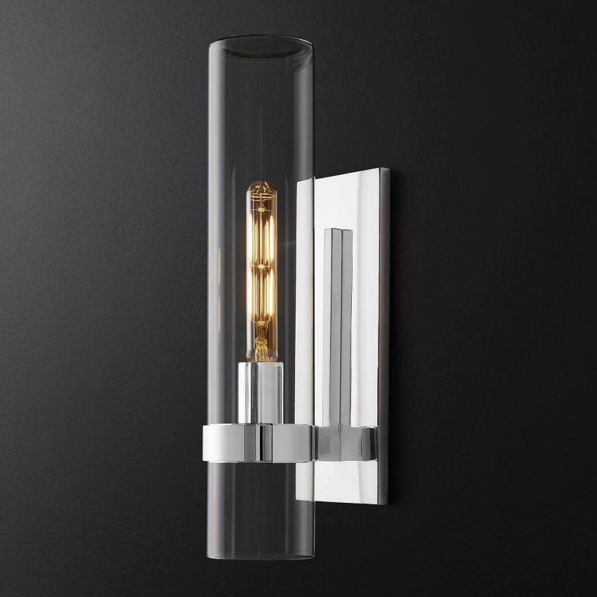 Industrial Glass Cylinder Wall Sconce with Metal Band, Dimmable LED Candle-Style Bulb, Brass & Glass 12-23 in Heights
