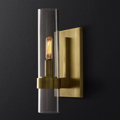 Industrial Glass Cylinder Wall Sconce with Metal Band, Dimmable LED Candle-Style Bulb, Brass & Glass 12-23 in Heights