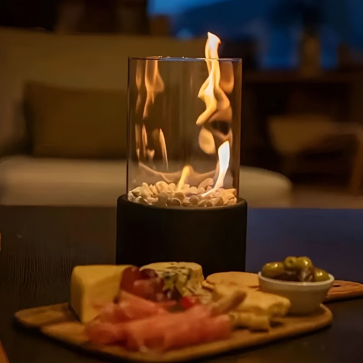 Bioethanol Tabletop Fireplace 10.6 in Glass Metal Indoor Outdoor Smokeless Flame Centerpiece Portable Desktop Fire Pit Patio Living Room Dec