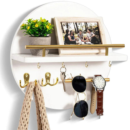 Circular Wood Wall Key Organizer with Shelf & Hooks for Entryway – Natural Finish, Multi-Hook Design for Keys, Accessories & Small Decor