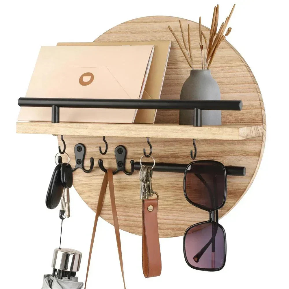 Circular Wood Wall Key Organizer with Shelf & Hooks for Entryway – Natural Finish, Multi-Hook Design for Keys, Accessories & Small Decor