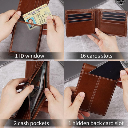 Mens Wallets, RFID Blocking Bifold Wallet for Men with 16 Card Slots and ID Compartment, Slim Genuine Leather Wallet