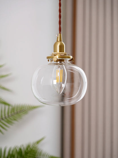 Glass Globe Hanging Lamp 5 in Diameter Vintage Brass Fixture Height Adjustable Wire Ceiling Suspension for Kitchen Dining Room Entryway Nook