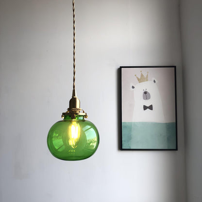 Glass Globe Hanging Lamp 5 in Diameter Vintage Brass Fixture Height Adjustable Wire Ceiling Suspension for Kitchen Dining Room Entryway Nook