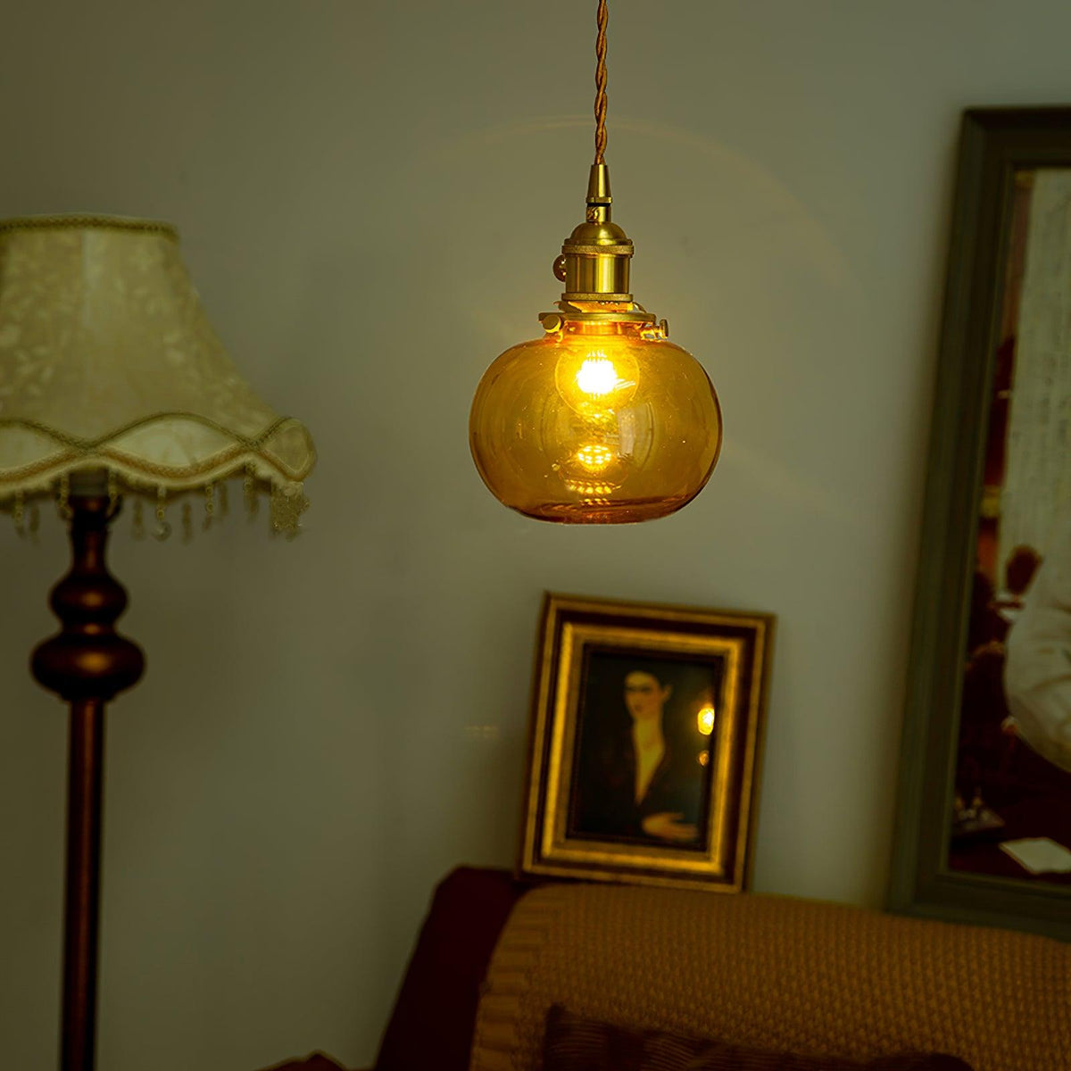 Glass Globe Hanging Lamp 5 in Diameter Vintage Brass Fixture Height Adjustable Wire Ceiling Suspension for Kitchen Dining Room Entryway Nook
