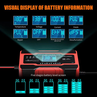 Smart Car Battery Charger | 12V Automatic Charger with LCD Display | Universal Compatibility for Effortless Battery Care