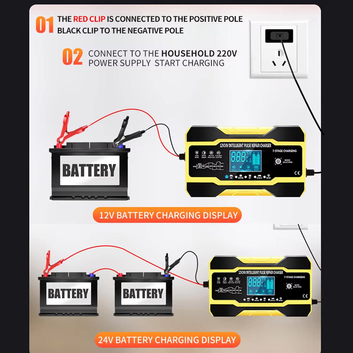 Smart Car Battery Charger | 12V Automatic Charger with LCD Display | Universal Compatibility for Effortless Battery Care