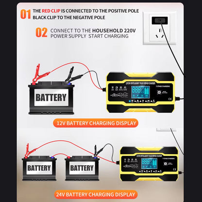 Smart Car Battery Charger | 12V Automatic Charger with LCD Display | Universal Compatibility for Effortless Battery Care