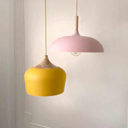 Wood & Metal Dome Shade Hanging Light 14 in Pastel Finish for Kitchen Island Dining Room Nursery Workspace E27 Socket Adjustable Height Cord