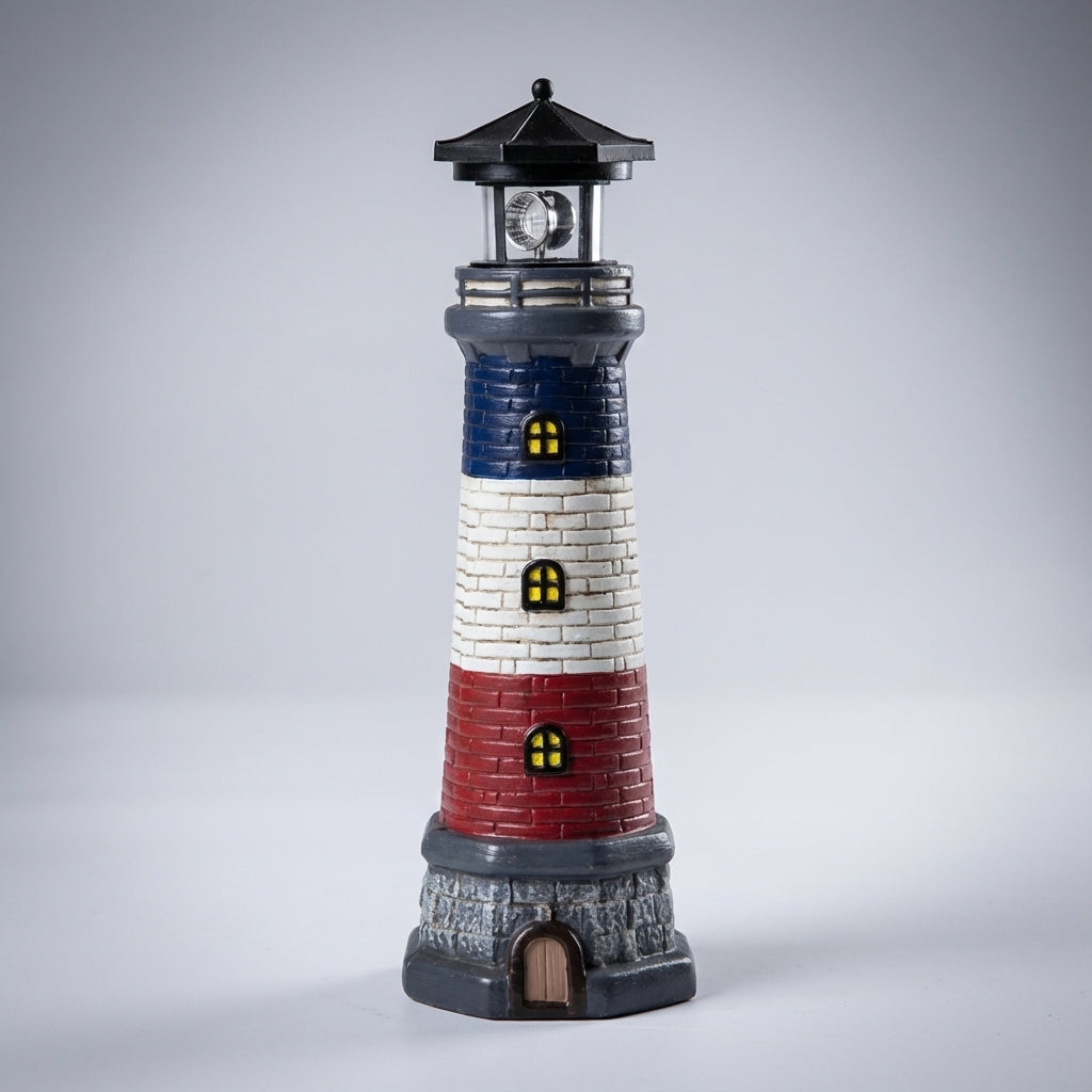 Solar Lighthouse Ornament LED Rotating Beacon Outdoor Pathway Marker Nautical Yard Decoration Wireless Garden Accent 14.6 in Coastal Landsca