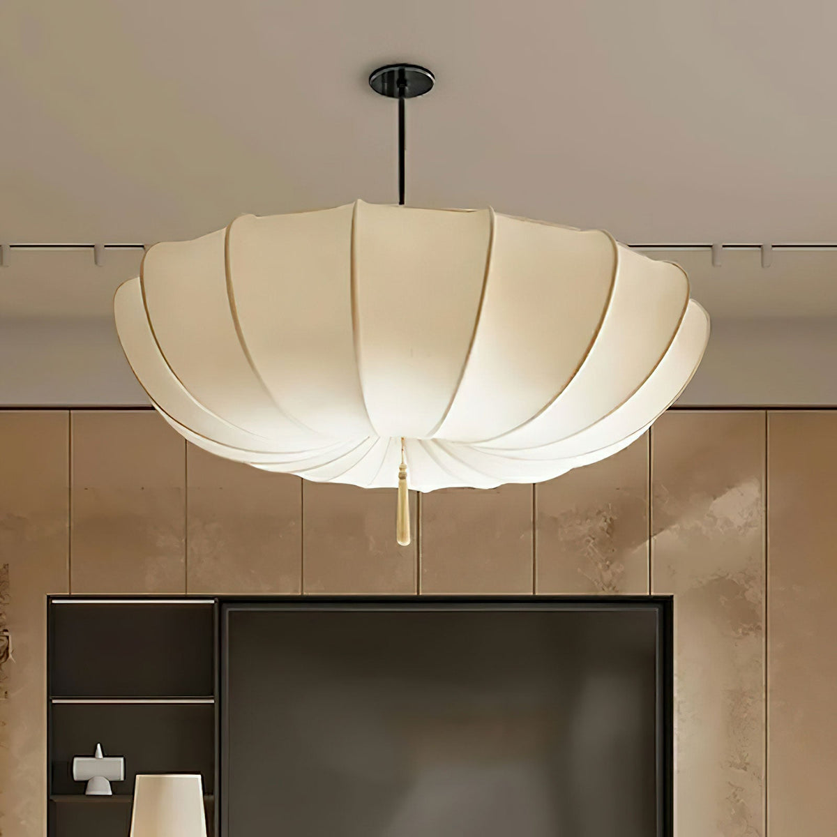 Fabric Ceiling Light Fixture White 16 in Diameter for Dining Room Kitchen Bedroom Adjustable Height Modern Hanging Lamp E26 Socket