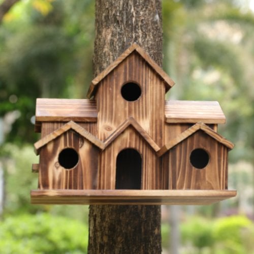 Abri pour oiseaux en bois à six chambres, 20 cm x 15 cm, nichoir de jardin à entrées multiples, décoration extérieure rustique pour jardin et terrasse
