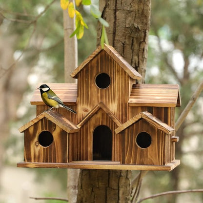 Multi-Chamber Wooden Bird Nest Box with Hanging Rope for Yard & Patio Décor – Handcrafted Natural Shelter for Small Birds