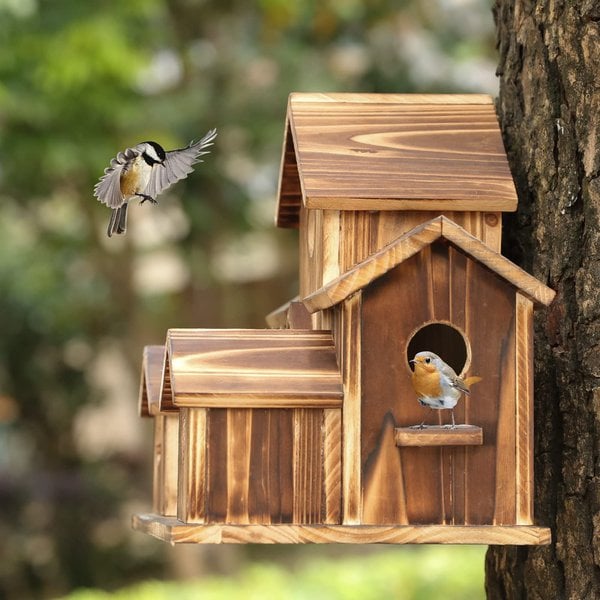 Abri pour oiseaux en bois à six chambres, 20 cm x 15 cm, nichoir de jardin à entrées multiples, décoration extérieure rustique pour jardin et terrasse
