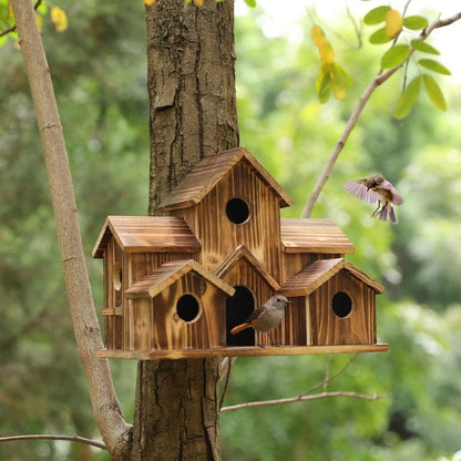 Abri pour oiseaux en bois à six chambres, 20 cm x 15 cm, nichoir de jardin à entrées multiples, décoration extérieure rustique pour jardin et terrasse