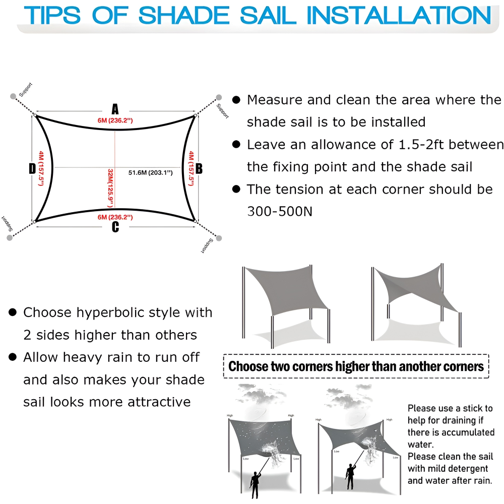 Waterproof Rectangular Shade Sail UV Protection Outdoor Canopy for Patio Deck Pool Garden Balcony Sun Shelter Heavy-Duty Polyester