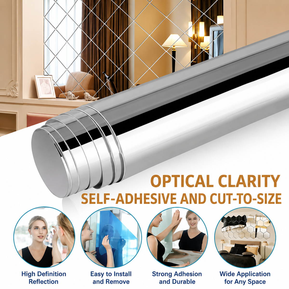 Shatter-Proof Mirror Film Self-Adhesive Reflective Sheet for Walls Doors Furniture Safety 20x39 inches Trim-to-Fit PET Plastic Home Decor Ki
