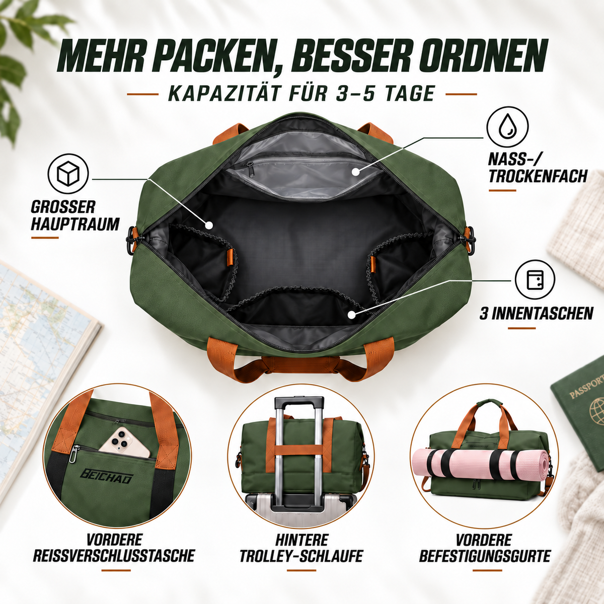 Weekend Duffel Bag with Shoe Compartment & Wet-Dry Separation for Gym Travel