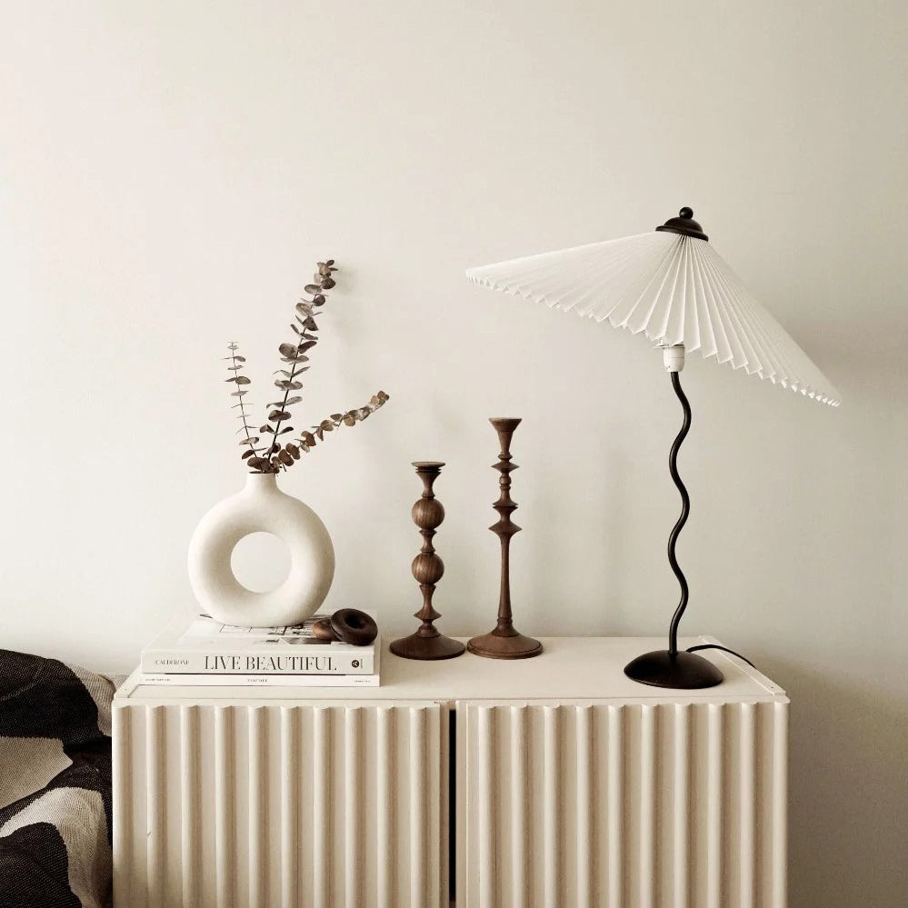 Sculptural Desk Lamp with Gathered Shade & Arc Base 17-inch Beige White Green Black Nightstand Light for Bedroom Living Room Accent