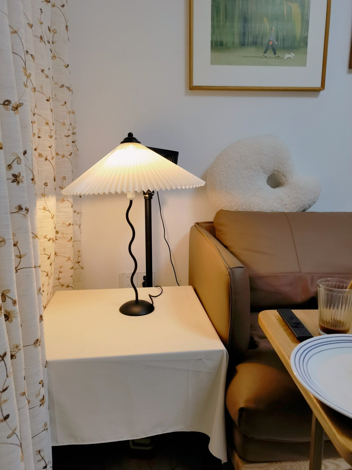 Sculptural Desk Lamp with Gathered Shade & Arc Base 17-inch Beige White Green Black Nightstand Light for Bedroom Living Room Accent