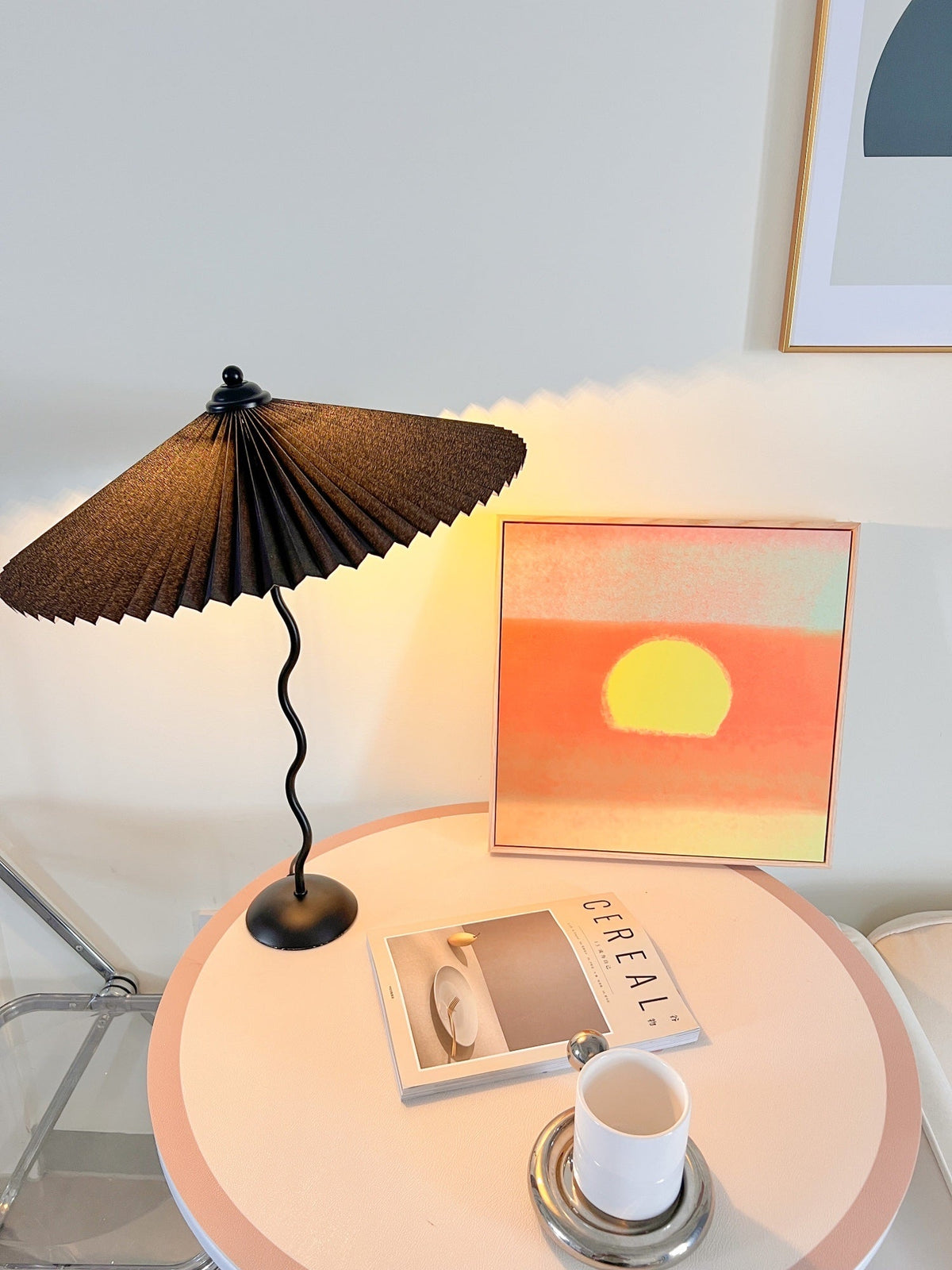 Sculptural Desk Lamp with Gathered Shade & Arc Base 17-inch Beige White Green Black Nightstand Light for Bedroom Living Room Accent