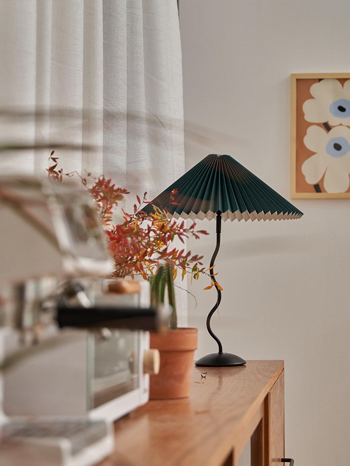 Sculptural Desk Lamp with Gathered Shade & Arc Base 17-inch Beige White Green Black Nightstand Light for Bedroom Living Room Accent