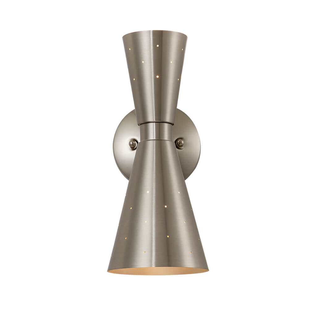 Perforated Metal Wall Light Fixture Dual Cone Sconce Brass Nickel Hardwired Uplight Downlight Bedroom Bathroom Hallway Entryway Ambient
