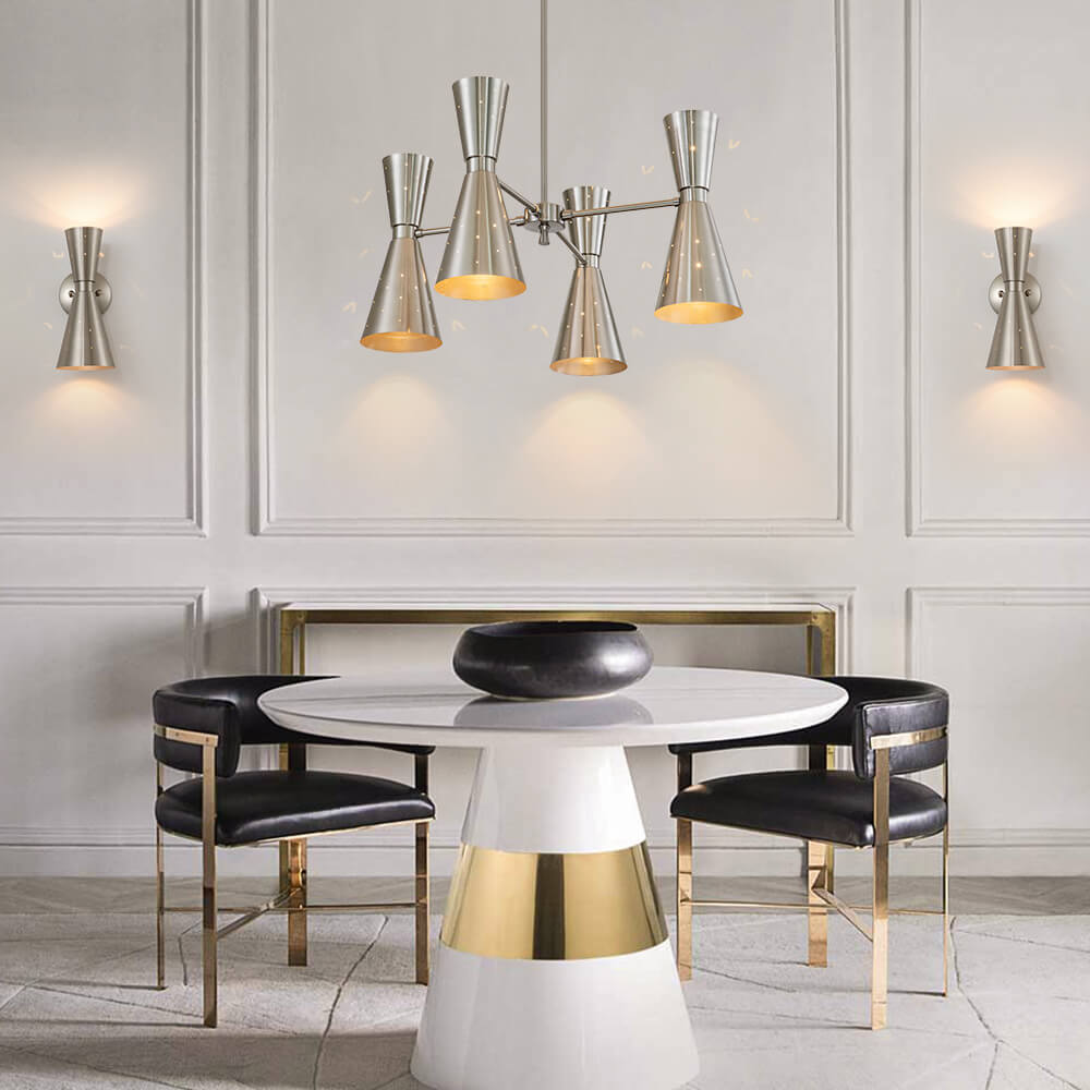 Perforated Metal Wall Light Fixture Dual Cone Sconce Brass Nickel Hardwired Uplight Downlight Bedroom Bathroom Hallway Entryway Ambient