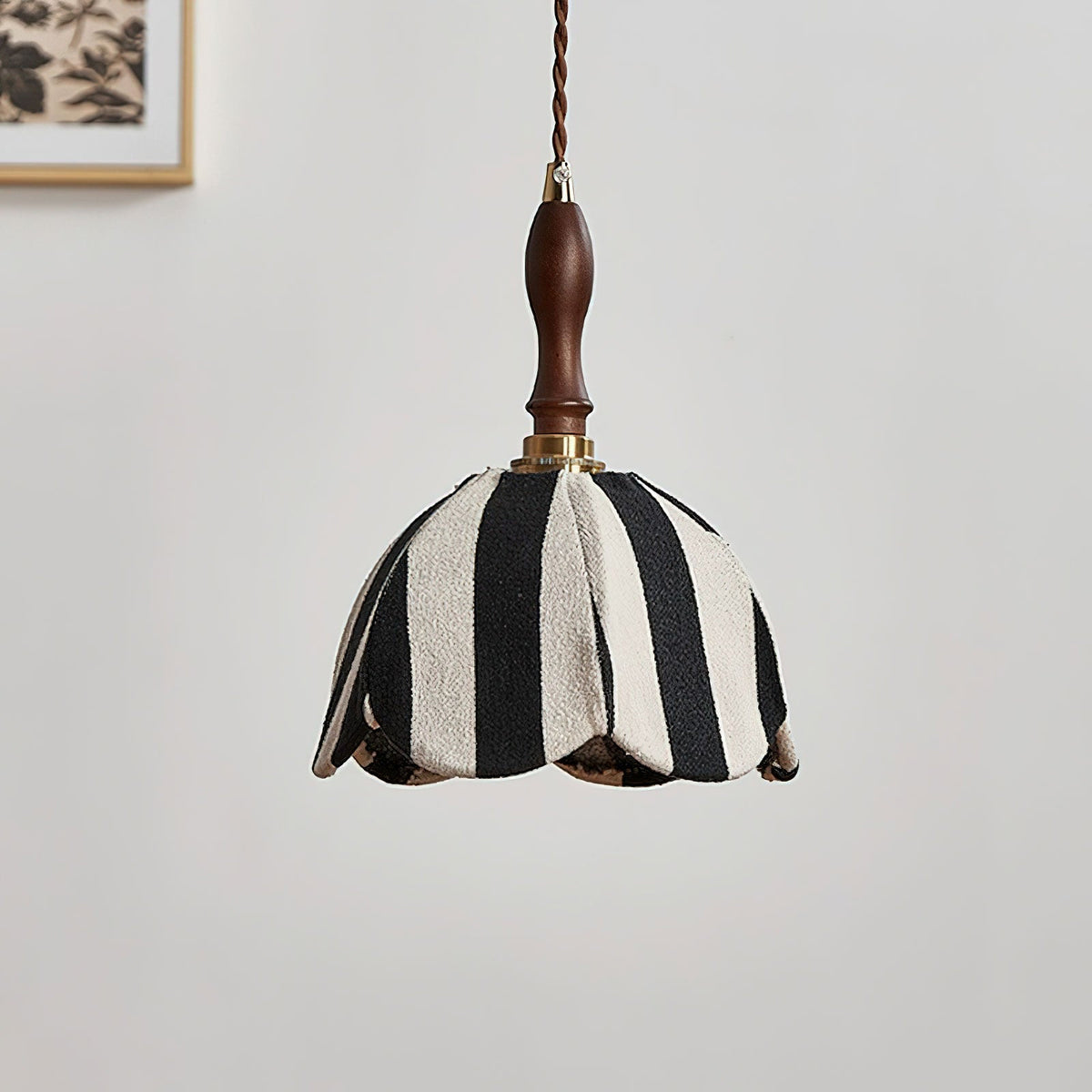 Hanging Ceiling Light with Tulip-Style Striped Shade 7.9 in Diameter Adjustable Wood Accent for Kitchen Dining Room Reading Nook Breakfast A