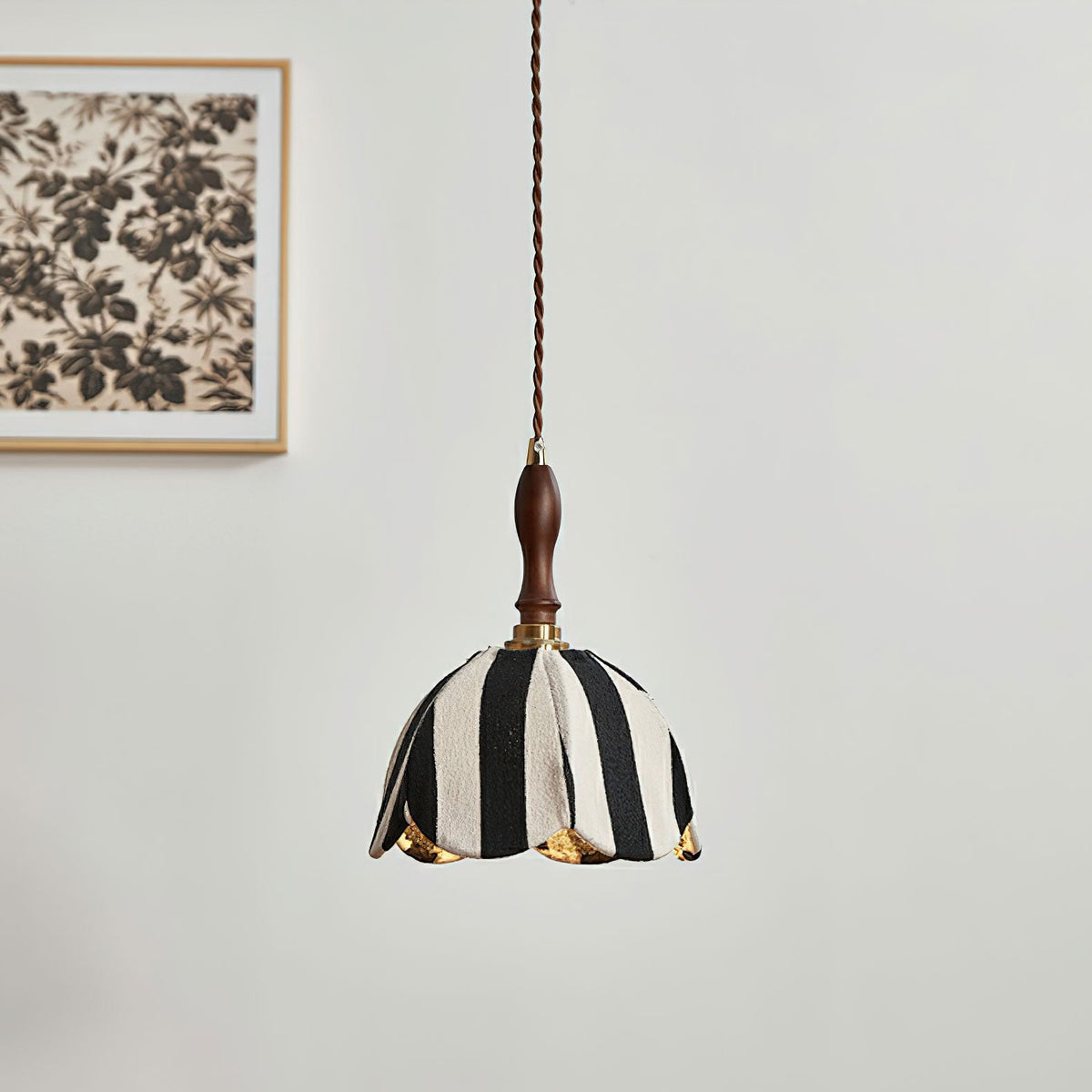 Hanging Ceiling Light with Tulip-Style Striped Shade 7.9 in Diameter Adjustable Wood Accent for Kitchen Dining Room Reading Nook Breakfast A