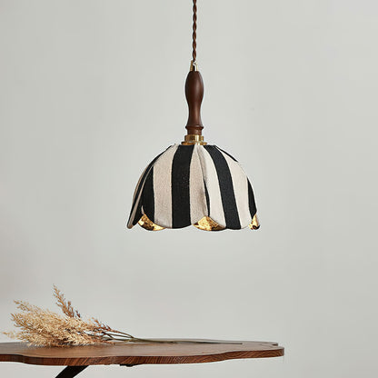 Hanging Ceiling Light with Tulip-Style Striped Shade 7.9 in Diameter Adjustable Wood Accent for Kitchen Dining Room Reading Nook Breakfast A