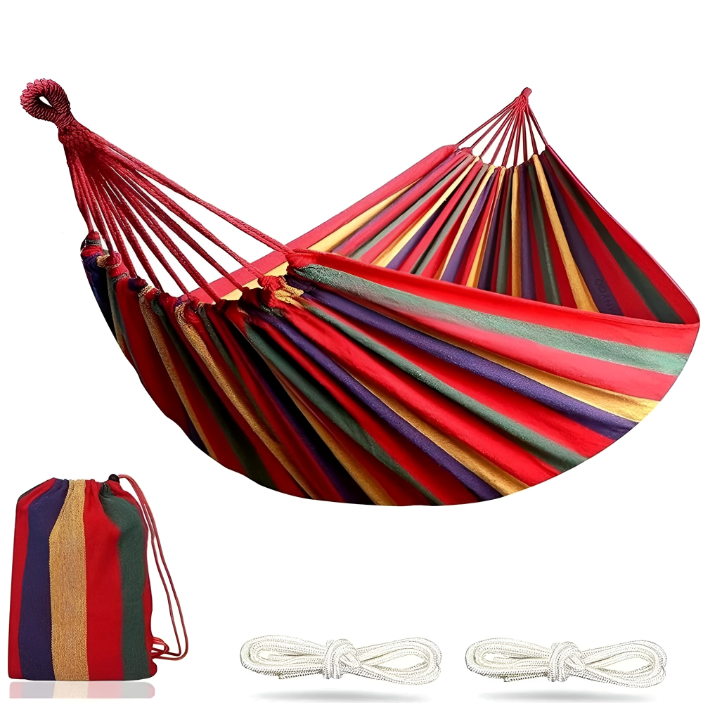 Hamac double pour terrasse et camping – Coton robuste, capacité de 204 kg, avec sac de transport et cordes pour la détente dans le jardin
