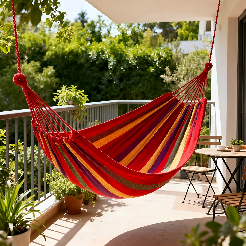Hamac double pour terrasse et camping – Coton robuste, capacité de 204 kg, avec sac de transport et cordes pour la détente dans le jardin