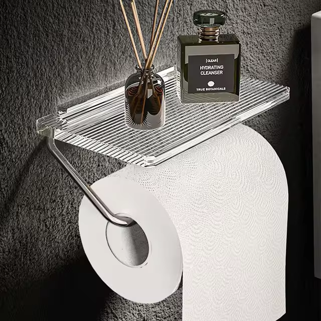 Porte-papier toilette élégant avec tablette – Accessoire de salle de bain moderne en métal poli