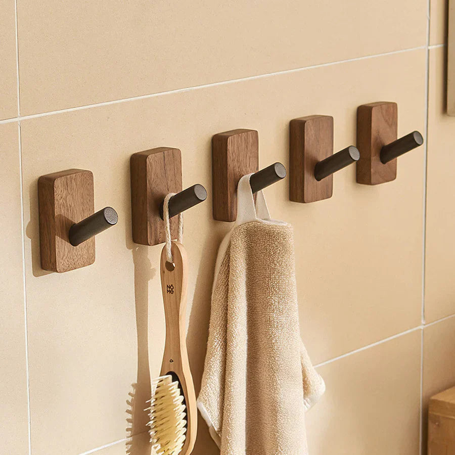 Stylish Wall Hook Rack | Self-Adhesive Wood and Metal Design for Space-Saving Organization