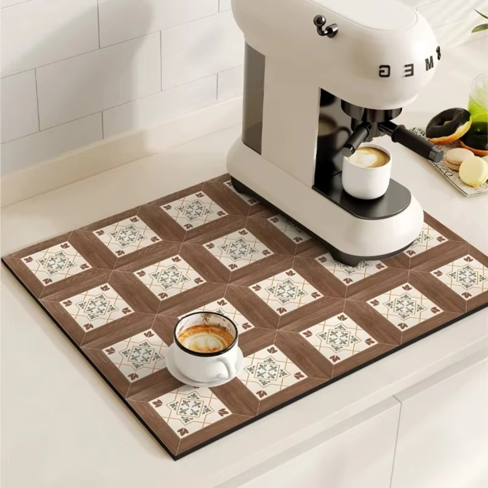 Diatomaceous Earth Drying Mat Kitchen Counter Quick Dry Absorbent Stone Pad for Coffee Bar Dish Sink Drainer Retro Pattern