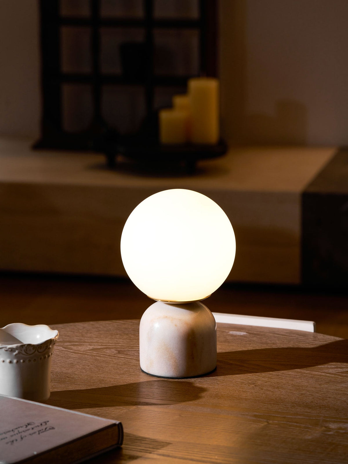 Spherical Glass Globe Accent Lamp with Natural Stone Base for Desk, Nightstand & Side Table | Modern Minimalist Home Lighting Fixture