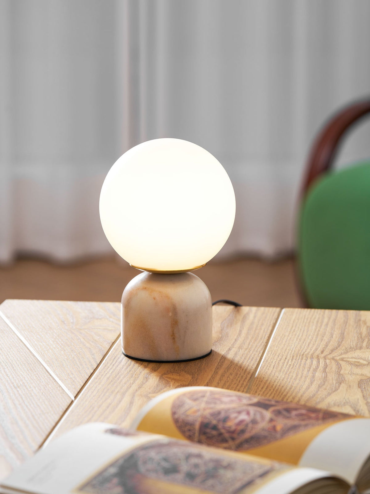 Spherical Glass Globe Accent Lamp with Natural Stone Base for Desk, Nightstand & Side Table | Modern Minimalist Home Lighting Fixture