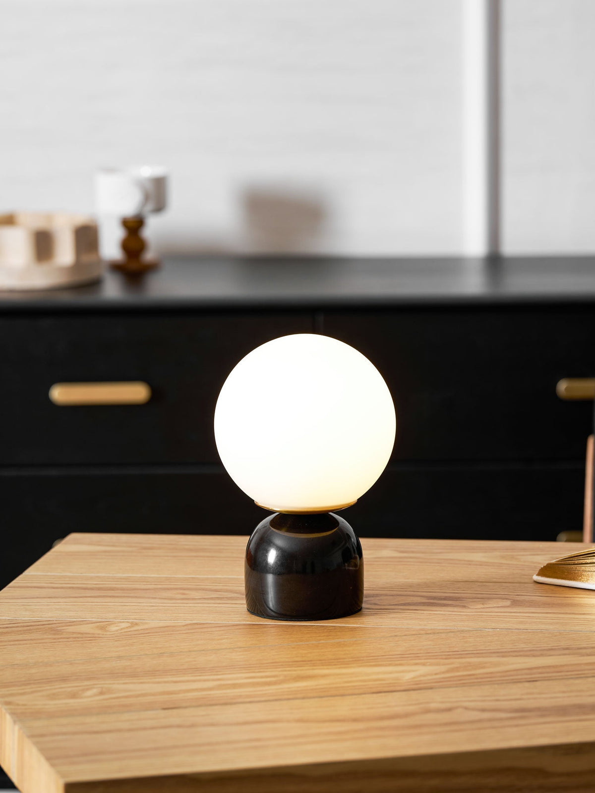 Spherical Glass Globe Accent Lamp with Natural Stone Base for Desk, Nightstand & Side Table | Modern Minimalist Home Lighting Fixture