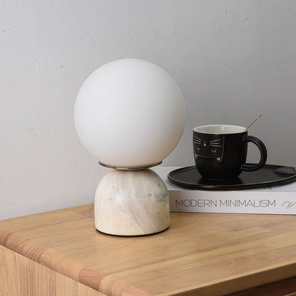 Spherical Glass Globe Accent Lamp with Natural Stone Base for Desk, Nightstand & Side Table | Modern Minimalist Home Lighting Fixture