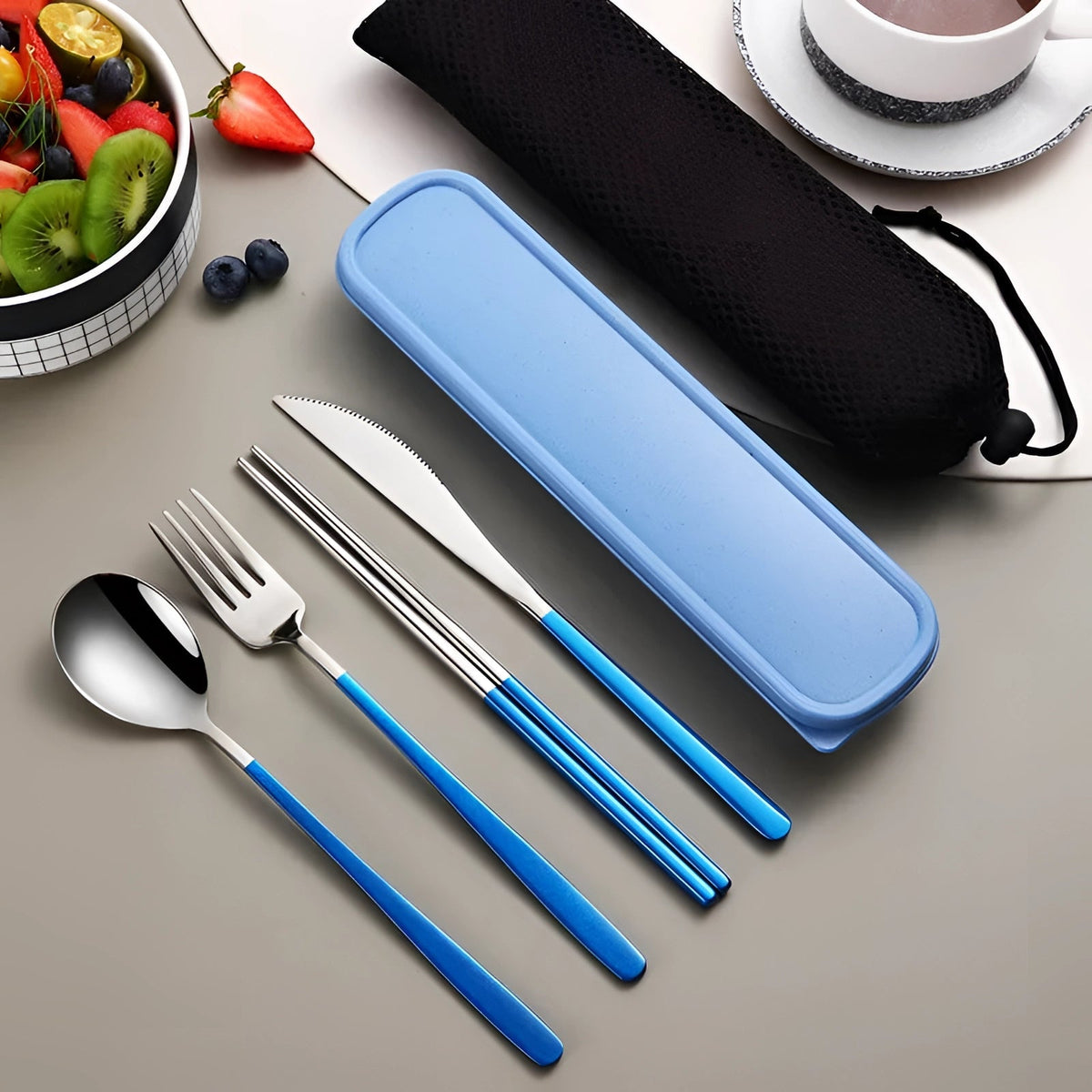 Ensemble de couverts de voyage avec étui, ménagère en acier inoxydable, set de couverts portable avec baguettes pour le déjeuner et le pique-nique